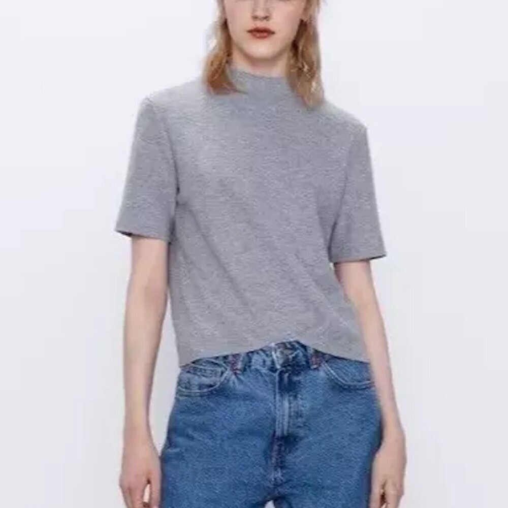 Zara | EUC Trafaluc Gray Mock Neck Short Sleeve Knit Sweater Top Size Large - Picture 2 of 8
